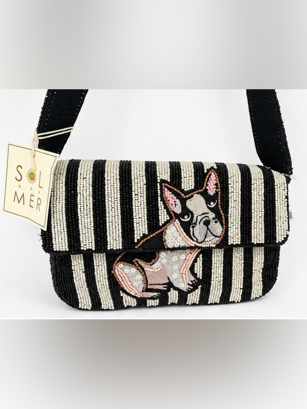 Sol and Mer Women’s Small Striped Beaded Shoulder Bag French Bulldog, Magnetic